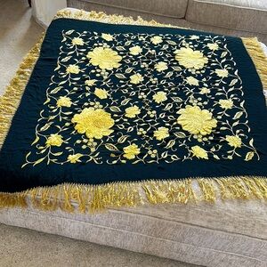 Vintage gold, silken embroidered piano shawl with gold fringe. 1920s to 1930s .